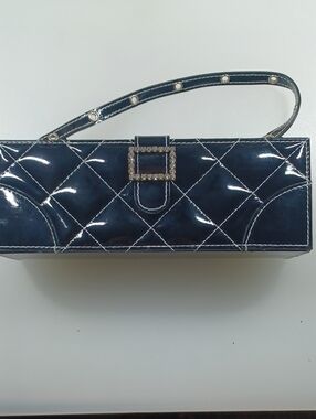Quilted Black Patent Mini Purse/ Cosmetic Bag with Rhinestone Buckle